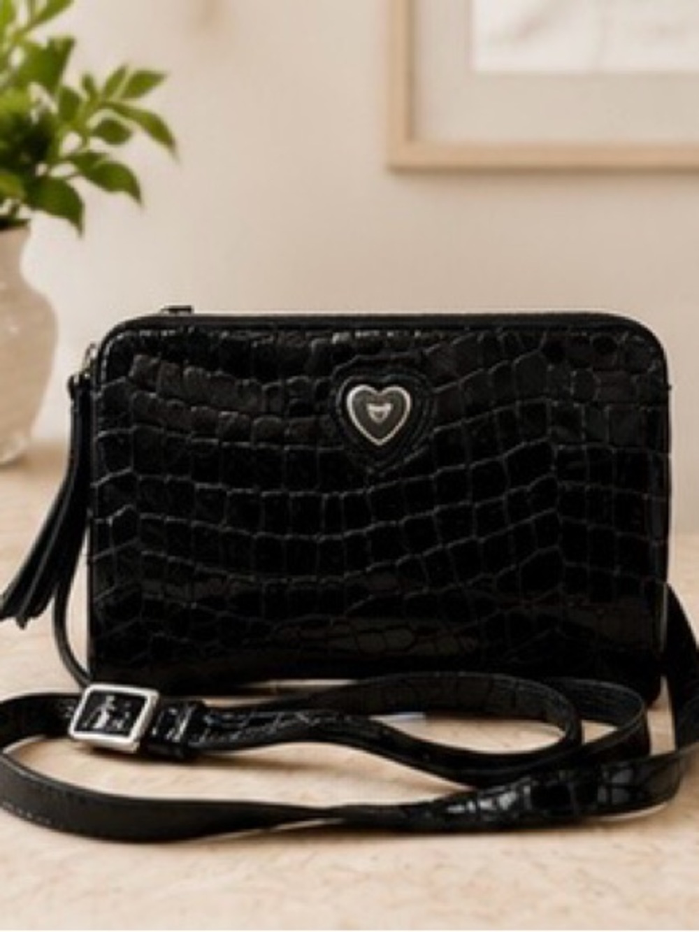 Brighton Black Croc Embossed Leather Heart Crossbody Bag